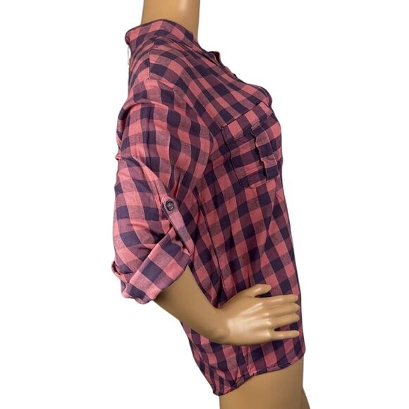 Sundry Women's 3/4 Button Shirt Brushed Cotton Plaid Pink Blue Size (M) Elevated - Picture 2 of 7